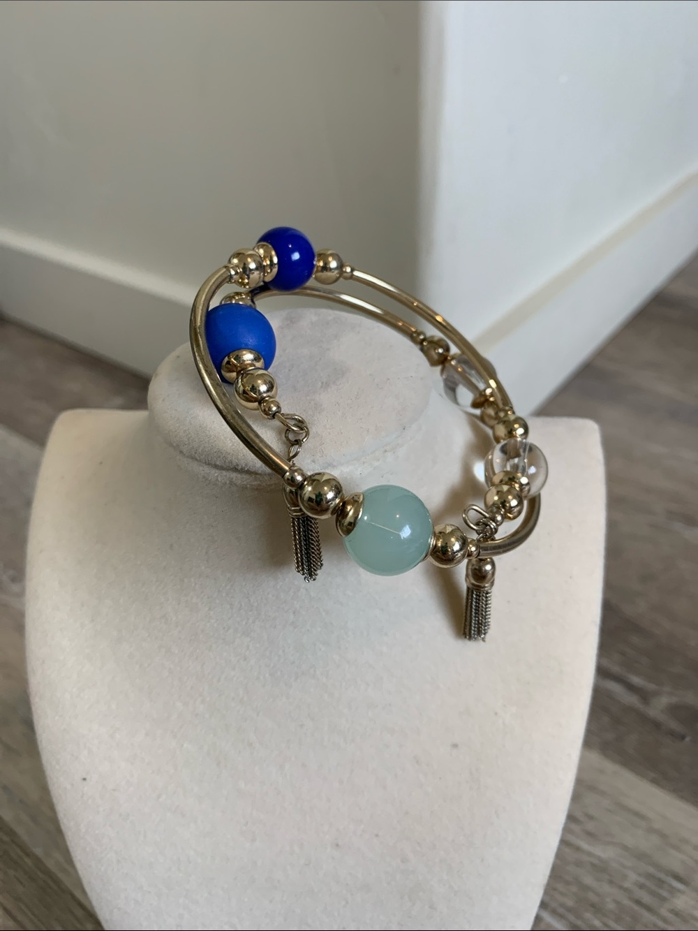 Gold Multi-Bead Bangle Bracelet with Blue and Aqua Accents
